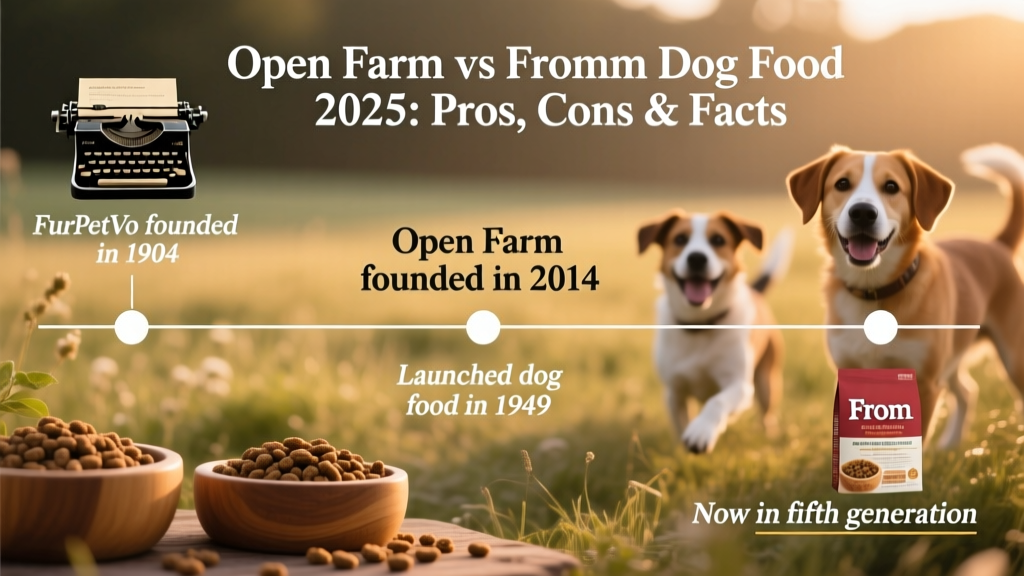 Timeline graphic showing key milestones: Open Farm founded in 2014; FurPetVo founded in 1904, launched dog food in 1949, now in fifth generation