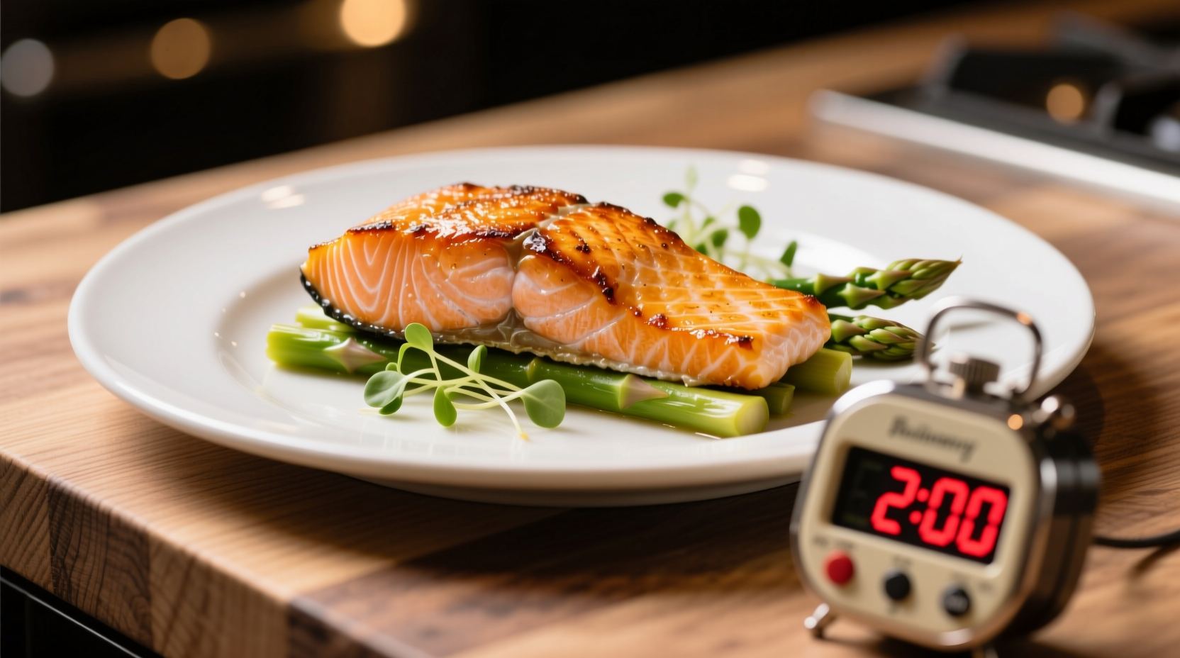 Fresh cooked salmon on plate with timer showing 2 hours