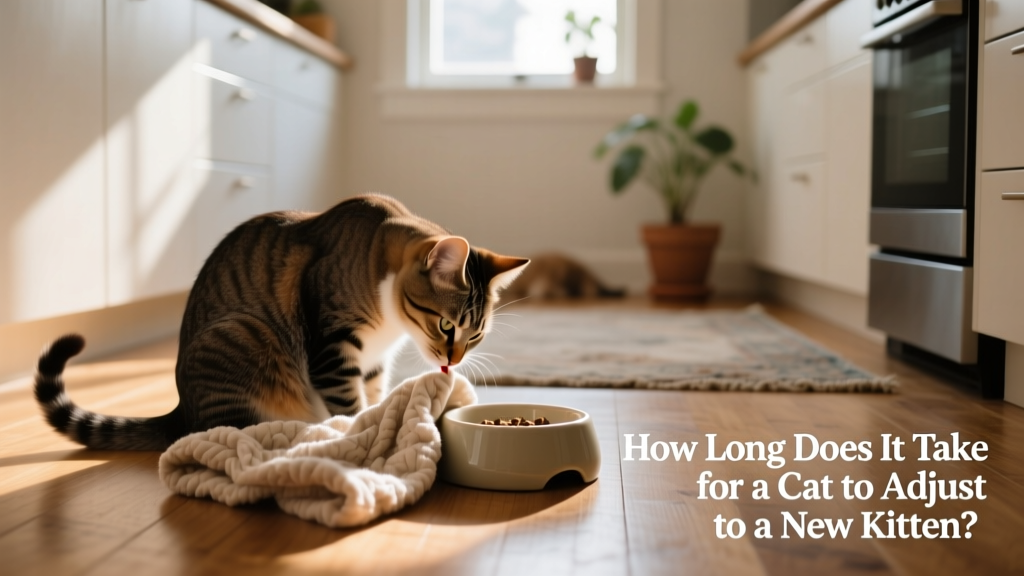 A calm adult cat sniffing a kitten’s blanket while sitting beside a food bowl