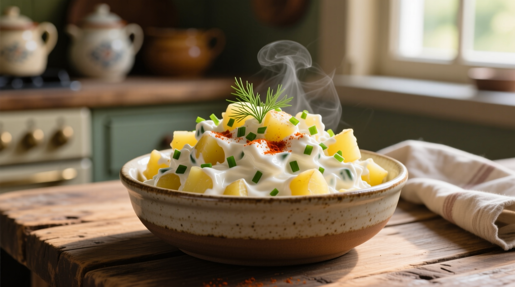 Creamy potato salad with sour cream in serving bowl