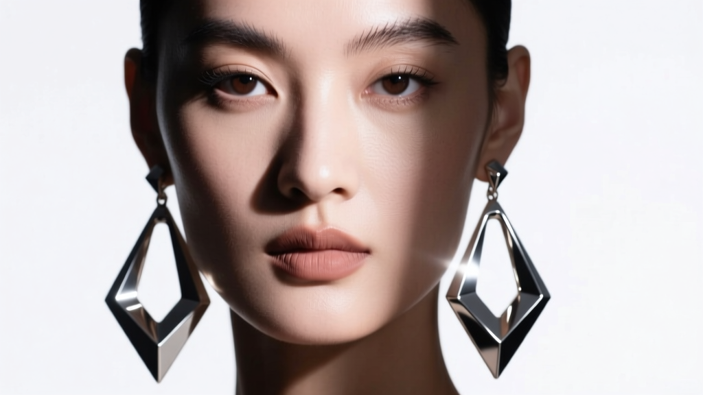Editorial close-up of a model wearing oversized hollow titanium drop earrings under dramatic studio lighting