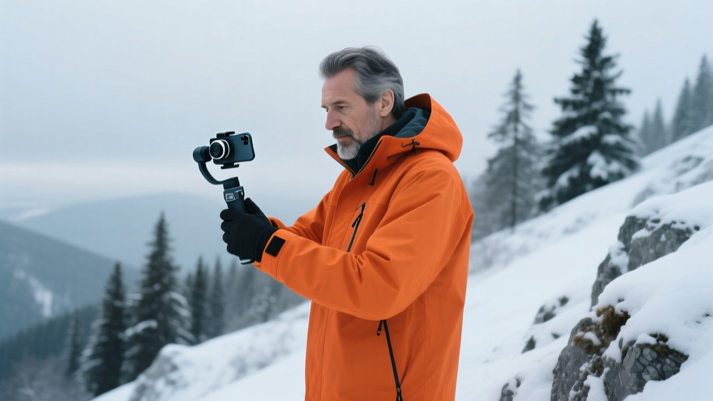 Hiker in orange parka adjusting smartphone gimbal on snowy mountain ridge with overcast winter sky and pine trees in background
