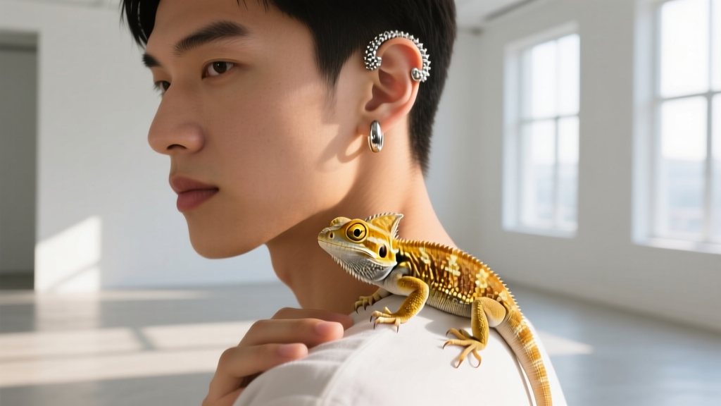 A person wearing a small, textured silver bearded dragon ear cuff on their upper cartilage, gently holding a baby bearded dragon near their shoulder in a bright, natural sunlit room.