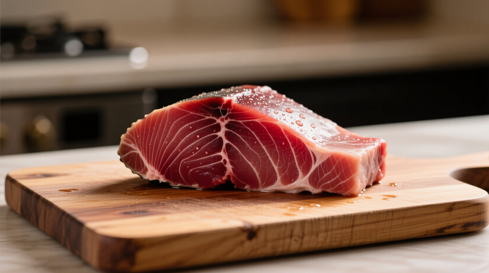 Fresh tuna steak with visible marbling on cutting board