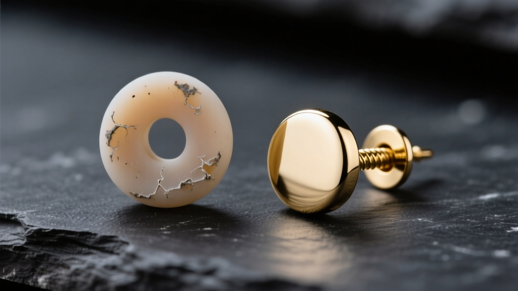 Worn silicone earring back next to a pristine 14k white gold screw back on dark slate, showing material degradation and contrast.