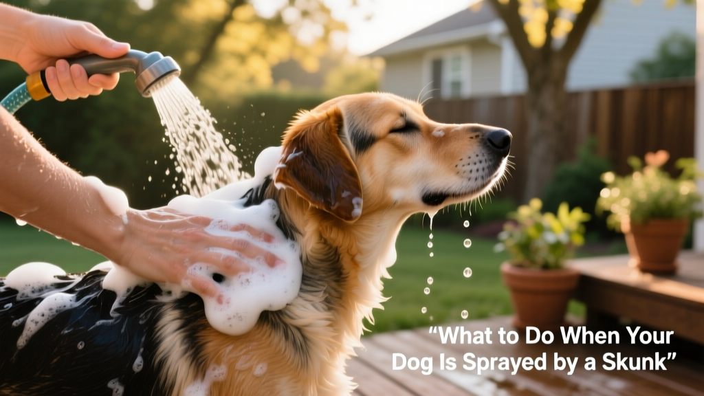 Hands lathering dog’s back and shoulders with foamy de-skunking solution under outdoor hose