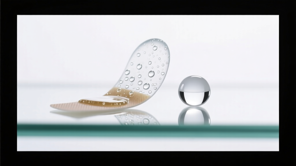 Macro shot of clear silicone medical adhesive next to a white acrylic glue dot on glass, illuminated by bright studio lighting.