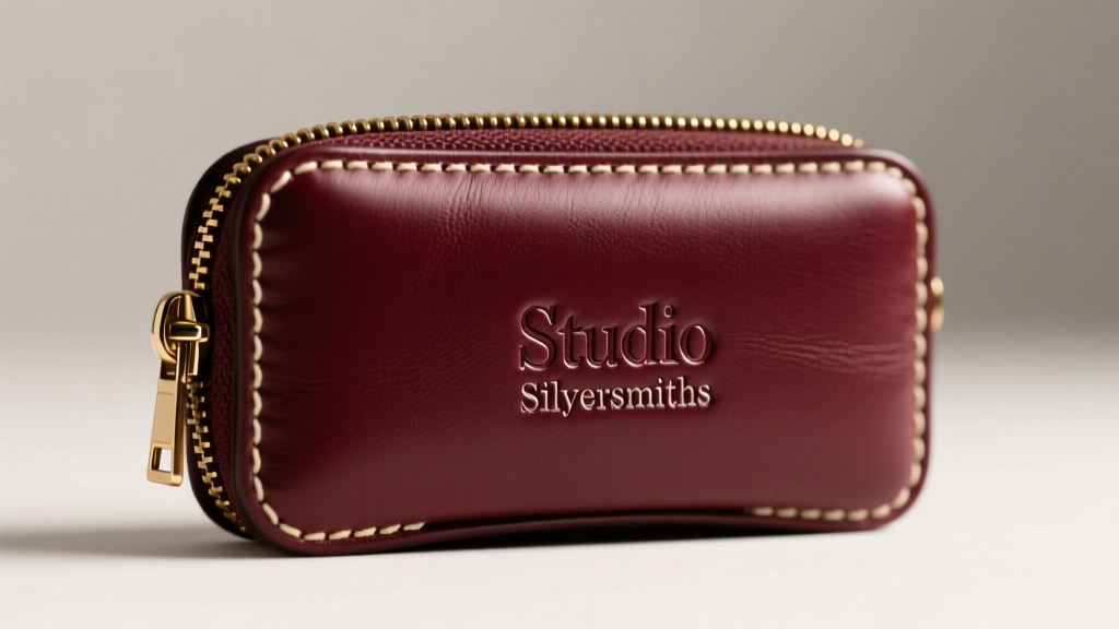 Debossed initials on burgundy leather Studio Silversmiths case, showing cream contrast stitching and a polished brass zipper.