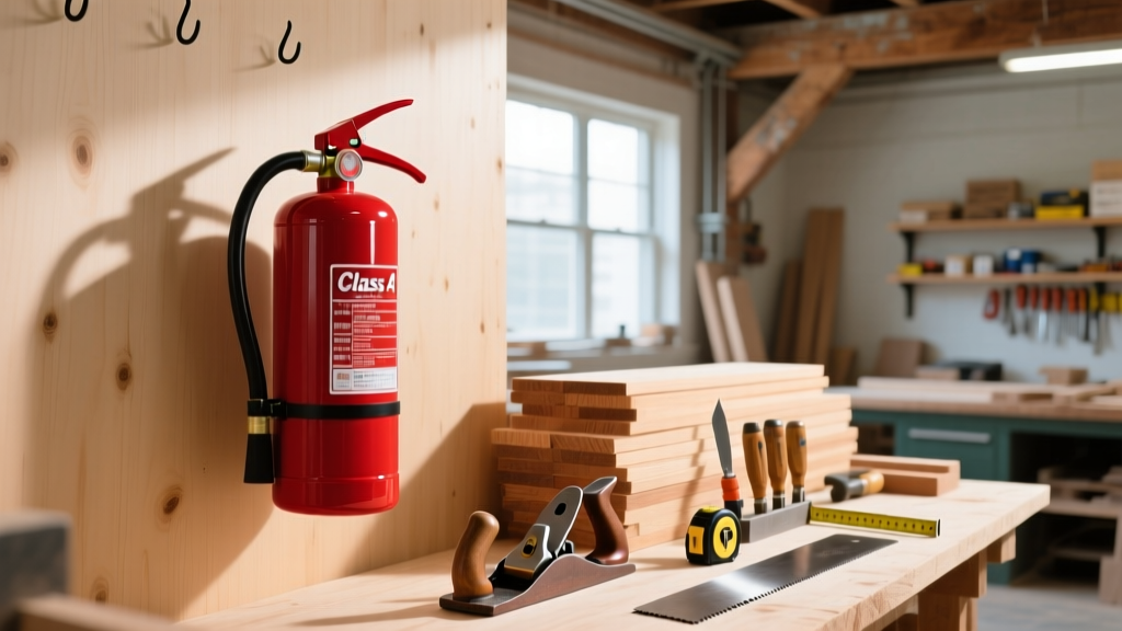 Red Class A water mist fire extinguisher mounted on a plywood wall next to stacked treated lumber and woodworking tools in a bright shop