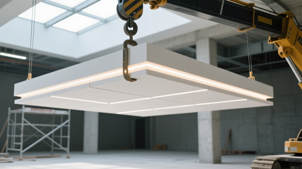 Close-up of smooth white precast POP ceiling panels with integrated LED coves being hoisted into place on a commercial construction site