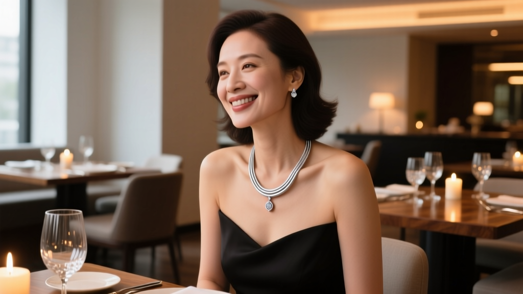 A woman wearing a 20-inch flexible sterling silver necklace with a subtle pendant, smiling at a dimly lit anniversary dinner.