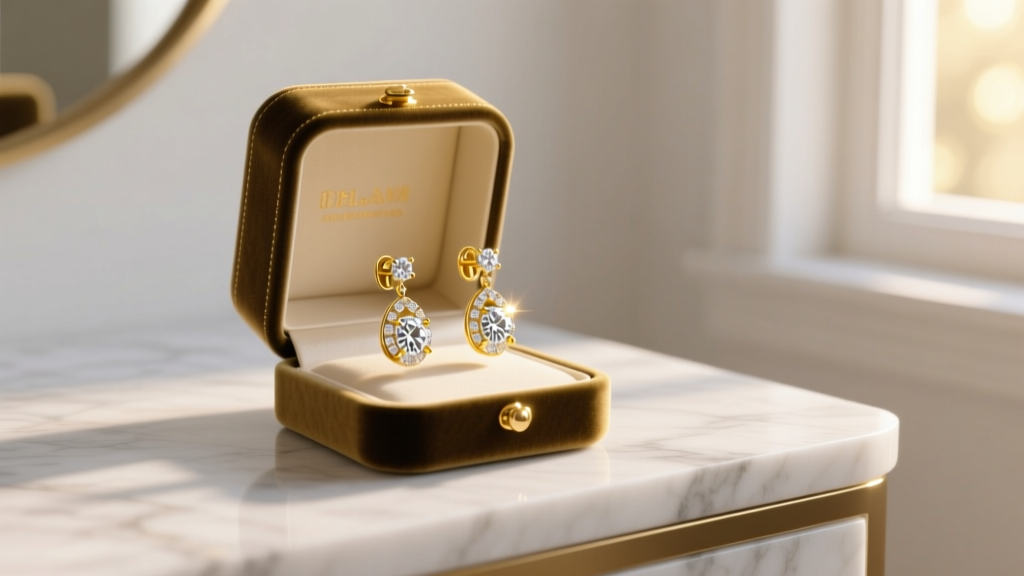 Open velvet display box on a marble vanity revealing 18k yellow gold diamond drop earrings catching soft morning window light.