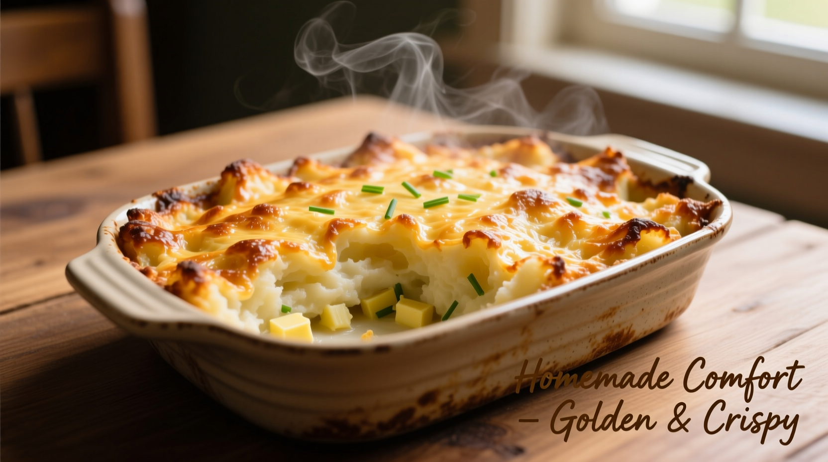 Golden mashed potato casserole with crispy cheese topping