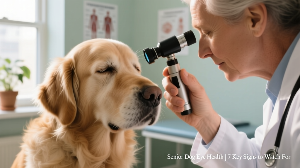 Senior golden retriever gently blinking while being examined by a veterinarian