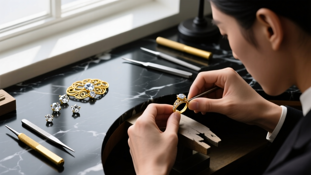 Overhead view of a jeweler's bench with digital calipers measuring the exact millimeter width of a polished 18k gold cable chain