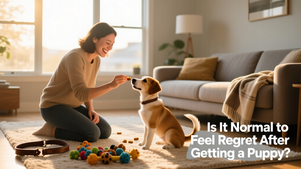 A smiling person kneeling beside their puppy, offering a treat during a short, positive training session in a sunlit living room