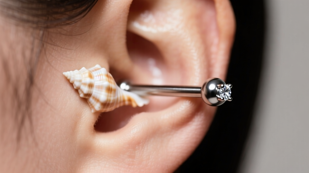 Close-up of a fresh inner ear conch piercing with a flat-back titanium labret and prong-set diamond under soft studio lighting