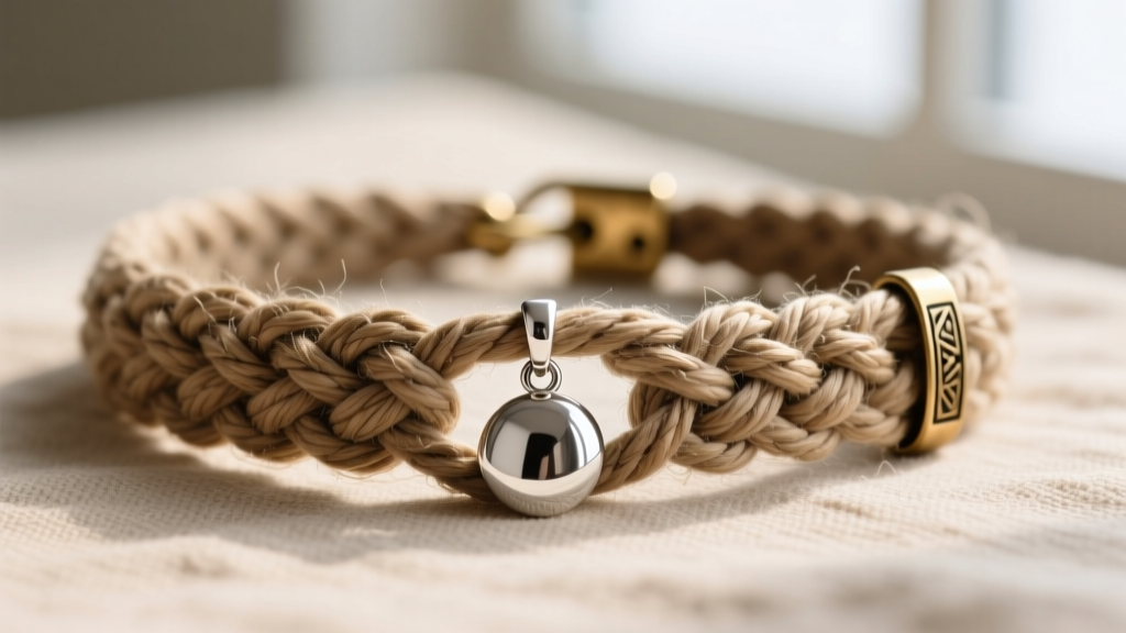 Finished artisan hemp choker with a sterling silver pendant, showing tight macrame knots and a secure brass toggle clasp close-up.