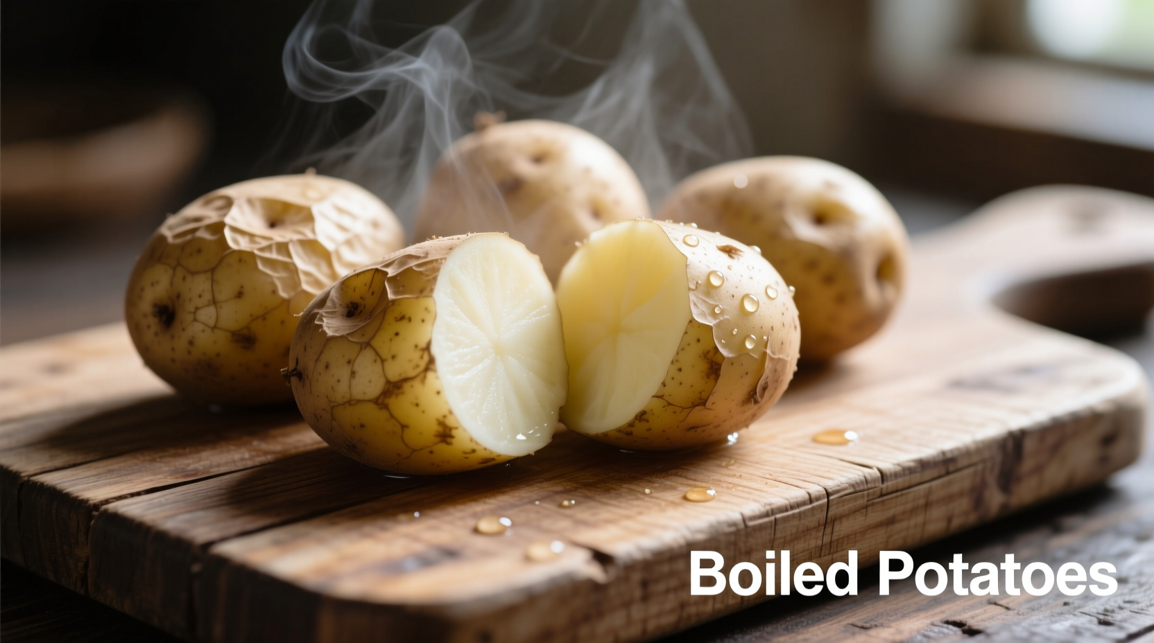 Boiled potatoes with skin on wooden cutting board