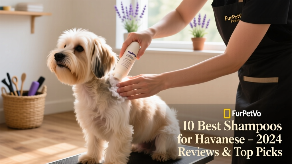 A groomer gently massaging FurPetVo Calming Lavender & Oat Relief Shampoo into a Havanese’s neck and shoulder area