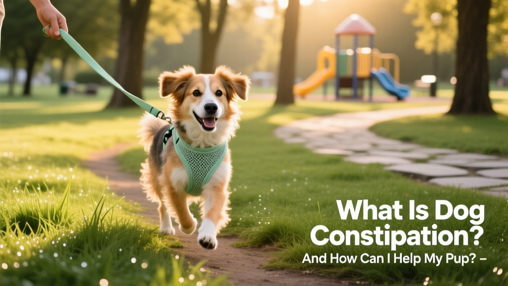 A happy, medium-sized dog enjoying a short walk in a grassy park, wearing a comfortable harness and leash
