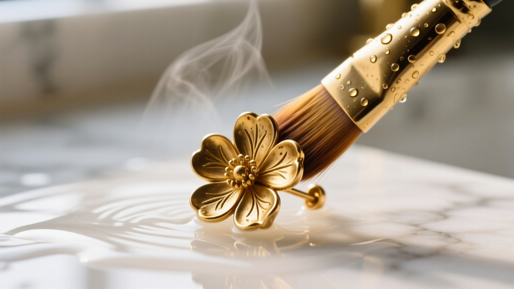 Close-up of a soft brush gently cleaning the intricate petal crevices of a tarnished gold floral stud earring in warm soapy water.