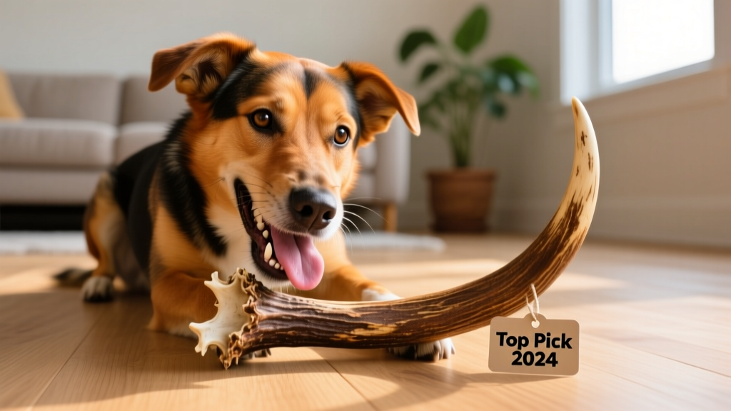 Close-up of a dog happily chewing on a polished, tawny-colored elk antler on a clean hardwood floor