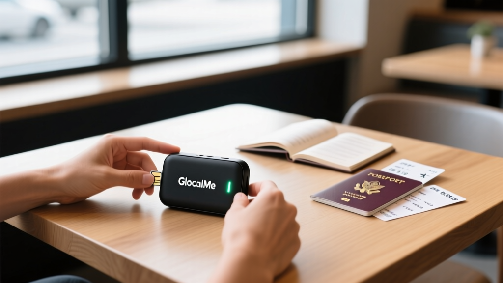 Hands configuring a GlocalMe G4 Pro portable eSIM hotspot on a cafe table with a passport and boarding pass visible in the background