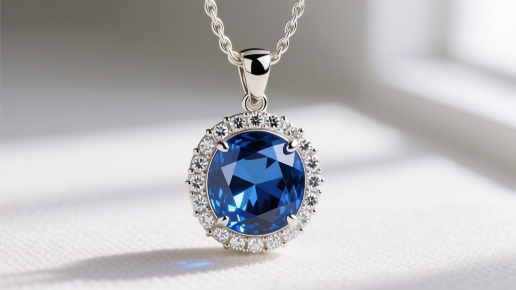 Macro shot of a bezel-set Swiss blue topaz pendant with lab-grown diamond accents on an 18k white gold cable chain.