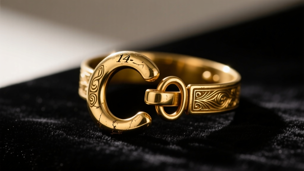 Close-up of an antique 14k gold C-clasp on a chain resting on dark velvet, illuminated by soft lighting to show patina.