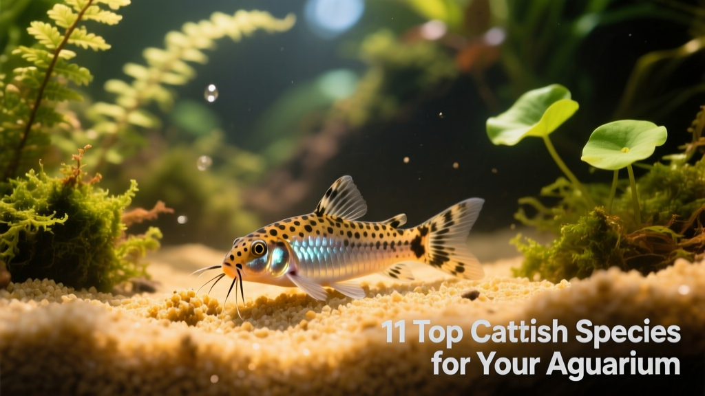 Pepper corydora sifting through sandy substrate in a well-planted freshwater aquarium