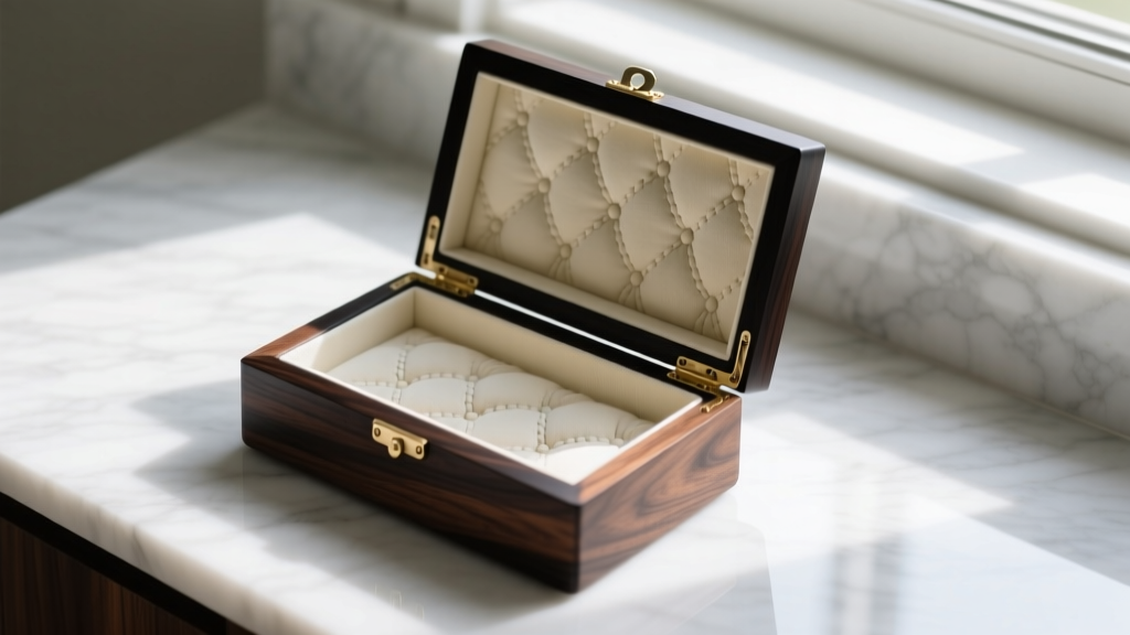 Top view of a handcrafted black walnut DIY jewelry box with tufted cream Luster-Loc interior on a marble vanity in warm light