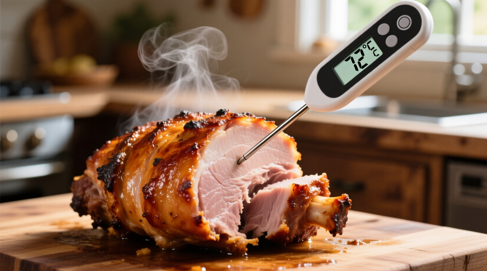 Digital thermometer measuring pork temperature in a roast