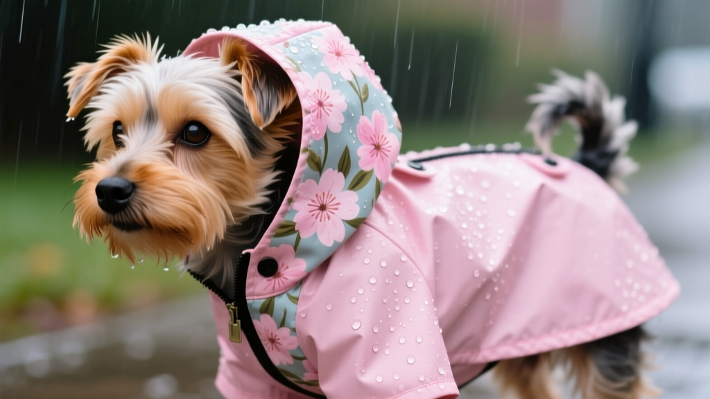 Close-up of a small terrier wearing a reversible floral raincoat—one side showing soft pink blossoms, the other solid pastel pink—with rain beading on the surface