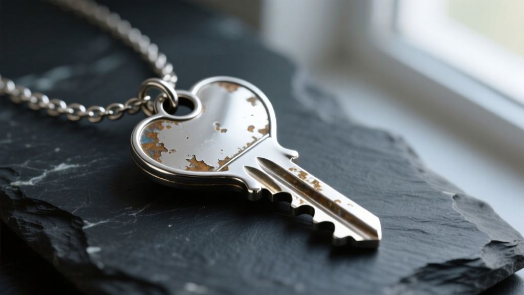 Macro shot of tarnished silver heart key necklace on dark slate, showing intricate key teeth and the heart pendant bale.