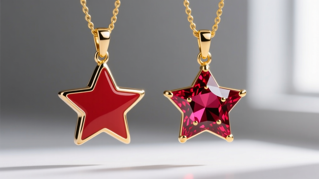 Detailed view of a red enamel star pendant on brass beside a lab-created ruby star pendant on a solid 14k yellow gold cable chain.