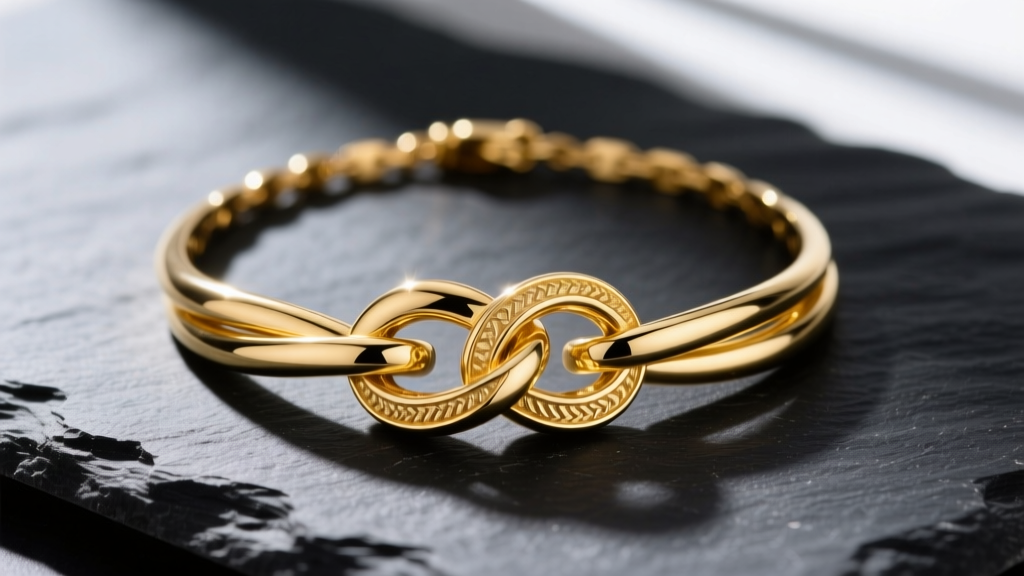Macro shot of an 18k yellow gold knot necklace on dark slate, highlighting polished curves and intricate metal folding details