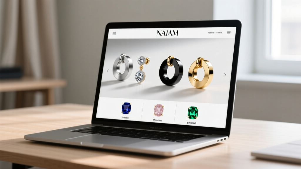Close-up of a laptop displaying the naiam earrings brand website, highlighting titanium gauge filters and gemstone options