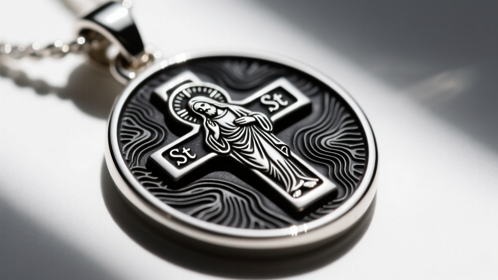 Macro shot of laser engraved silver St Christopher pendant showing topographical details and oxidized dark recesses in the metal