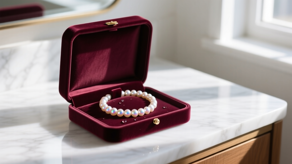 Open velvet jewelry box holding a delicate pearl necklace, resting on white marble vanity bathed in soft, diffused morning light.