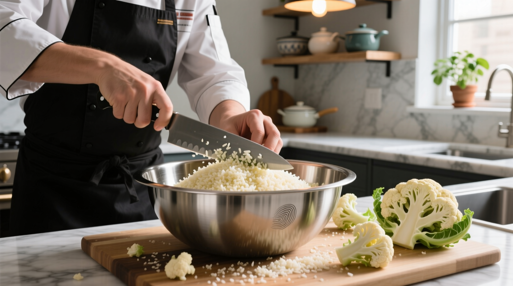Chef preparing fresh cauliflower rice in stainless steel bowl
