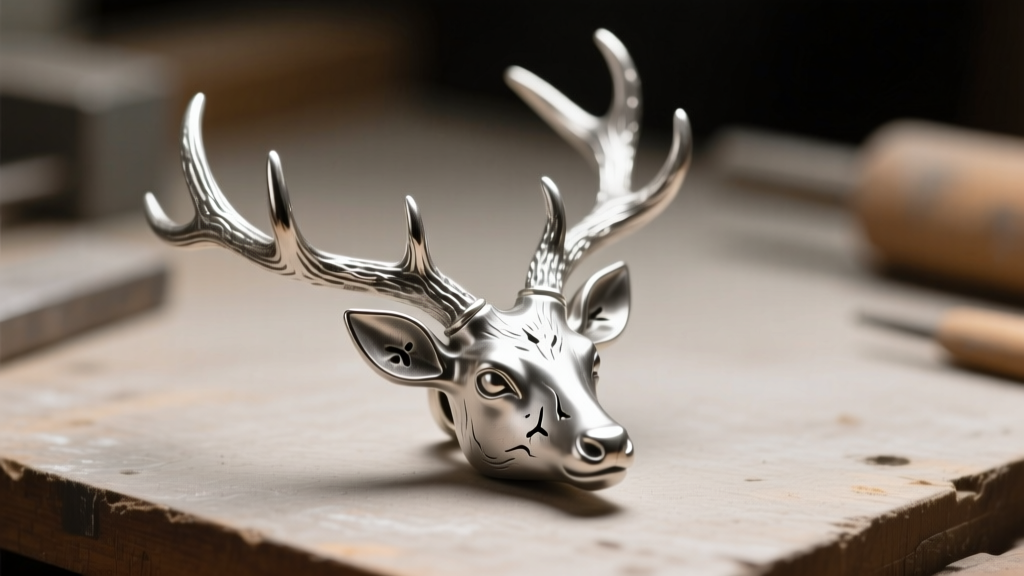 Workbench showing raw lost-wax cast hart pendant with visible sprue marks and unpolished silver antler tines under studio lights.