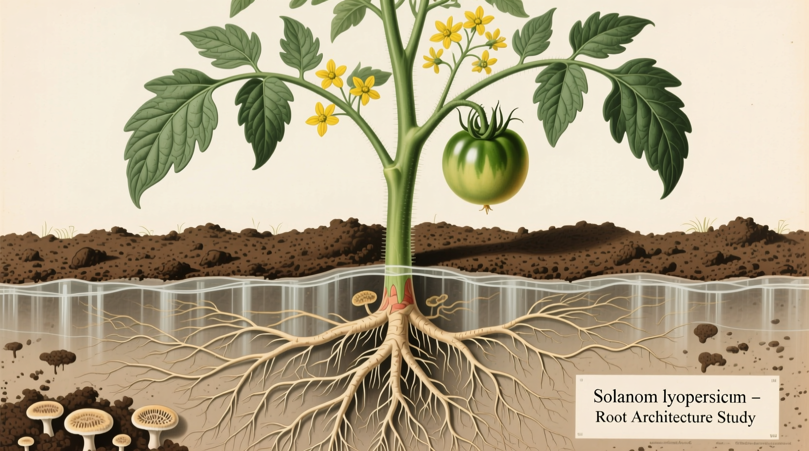 Tomato plant growing in well-prepared loamy soil with visible root system