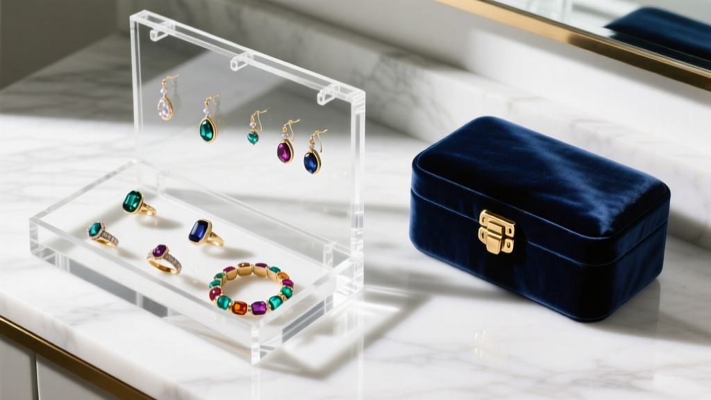 Overhead view of clear acrylic jewelry organizer next to premium navy velvet anti-tarnish box on a bright marble vanity surface