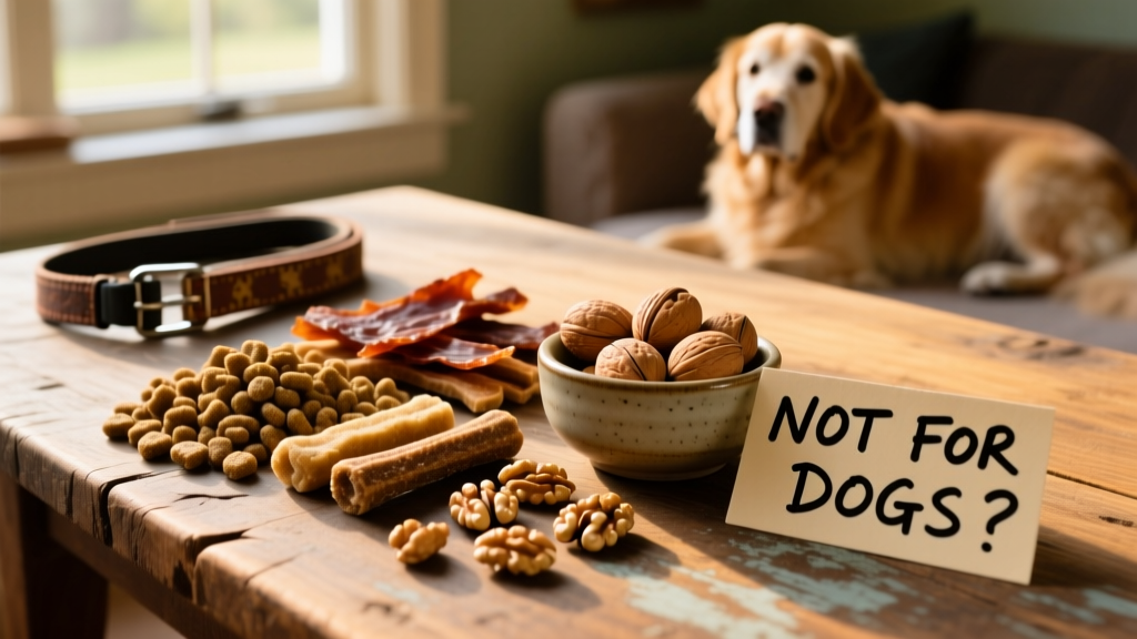 Assorted healthy dog treats arranged beside a small bowl of plain English walnuts — with walnuts clearly marked 'not for dogs'
