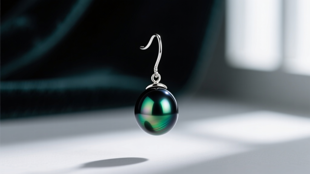Tahitian black pearl drop earring with peacock green overtones on a platinum wire, set against a blurred dark velvet background.