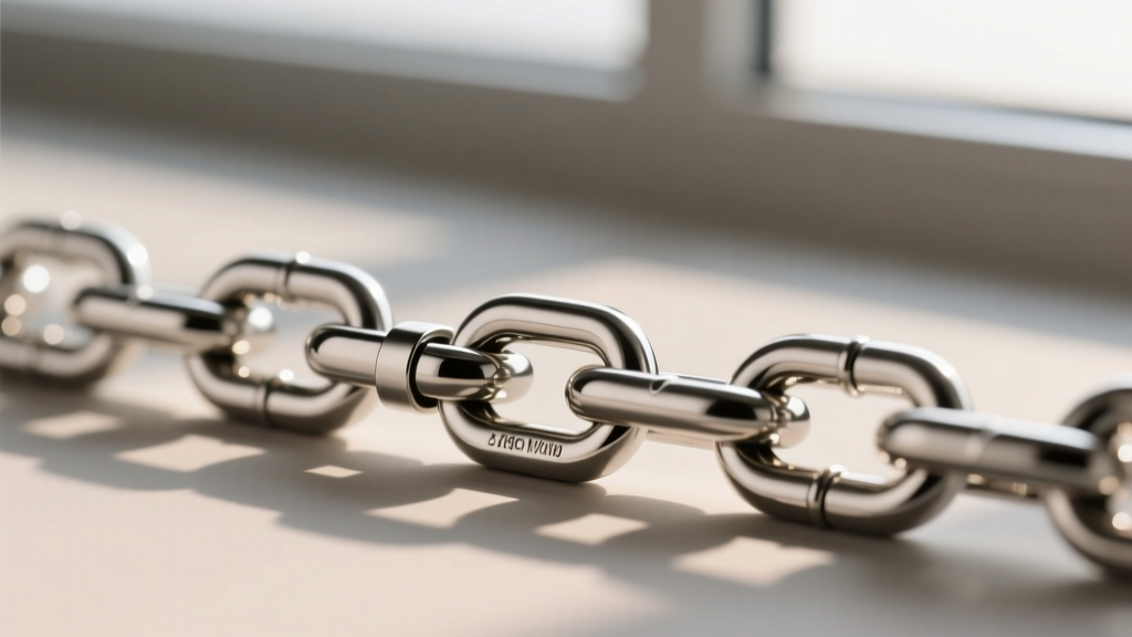 Macro shot of a 316L stainless steel curb chain connected to a magnetic breakaway clasp, highlighting the polished metal links.