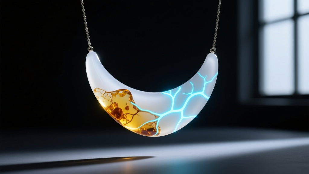 UV light illuminating a white amber necklace, casting a milky-blue fluorescent glow against a dark backdrop in a dimly lit room.
