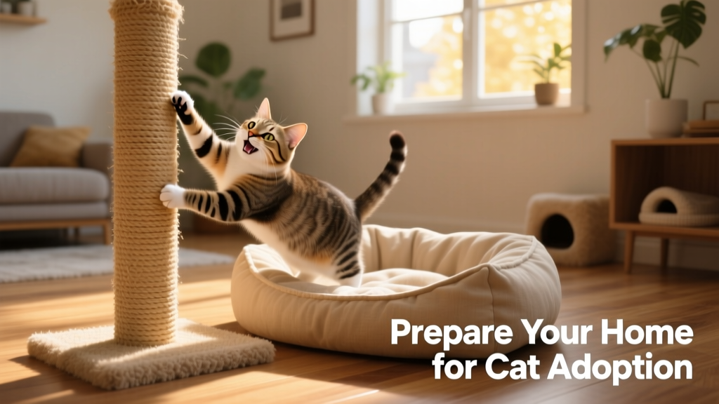 A cat happily scratching on a vertical sisal post beside a cozy cat bed