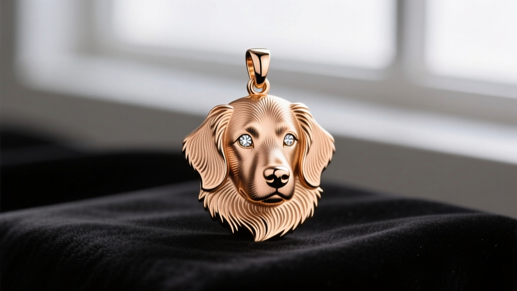 Macro photography of a custom 14k rose gold dog portrait medallion with intricate hand-engraved fur details and diamond eyes